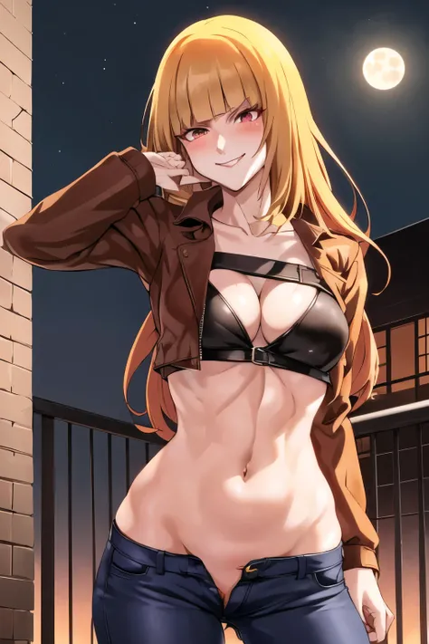 midorikawa hana, crazy eyes, long hair, outdoors, rooftop, cityscape, building, railing, night, night sky, scenery, moon, city lights, blush, lipstick, bra, masterpiece, best quality, highly detailed, a girls with a gun, evil smile , sexy gaze, badass pose...