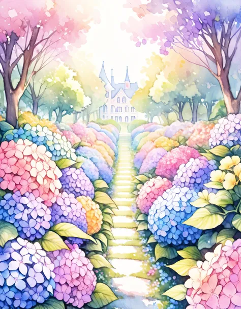 Hydrangea Path, Small hill, ((Colorful flowers, pastel colour)), Watercolor:1.2, Whimsical and delicate, Like an illustration in a children&#39;s book, Gentle brushwork, Dim, The pale colors create a fantastical look,