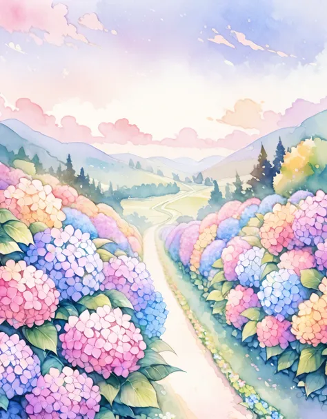 Hydrangea Path, Small hill, ((Colorful flowers, pastel colour)), Watercolor:1.2, Whimsical and delicate, Like an illustration in a children&#39;s book, Gentle brushwork, Dim, The pale colors create a fantastical look,Leave some space around it.