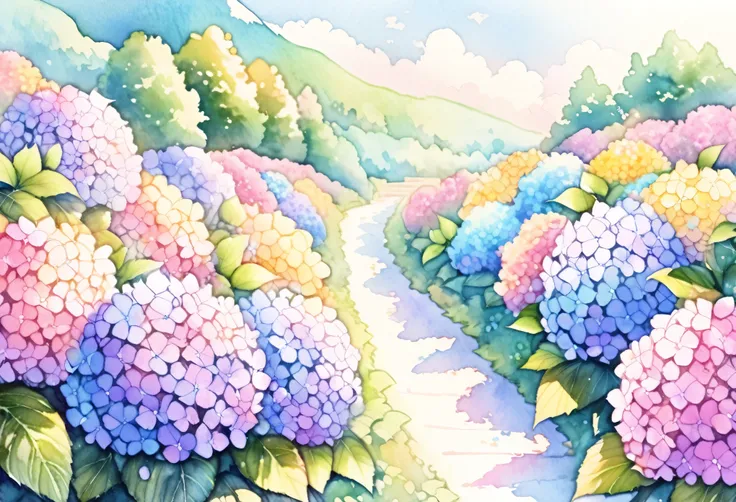 Hydrangea Path, Small hill, ((Colorful flowers, pastel colour)), Watercolor:1.2, Whimsical and delicate, Like an illustration in a children&#39;s book, Gentle brushwork, Dim, The pale colors create a fantastical look,Leave some space around it.