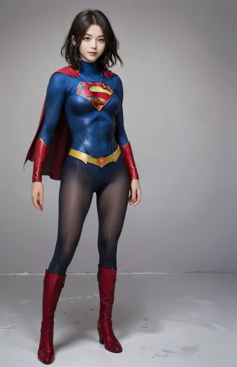 No background、(((Beautiful legs in black tights.)))、(((Legally express the beauty of your smile)))、((((Make the most of your original images)))、(((Body-hugging Supergirl costume)))、(((Supergirl Costume)))、(((Beautiful boyish short hair)))、(((She is winking...