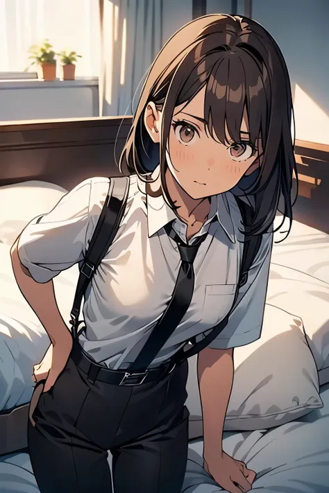 Brown Hair、Staring at the audience　　　Black suspenders　　　bulging big breasts　　 　 　　　wall: 　Black pantsuit　　　　　　sight　　　Small face　 　　　holster　　　Beautiful woman　　Show your hand　　 Lying in bed　　sight 　　Taunt　side　side汗 　arm　Dress shirt　Black Suit　belt