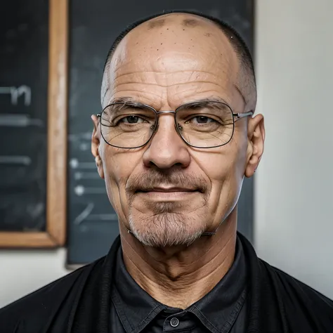 Bald Chemistry Teacher, barbudo, de pele clara, parece o careca de breaking bad, wears black square glasses
