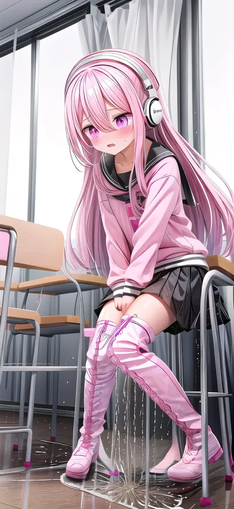 pink long hair，pink and white sweatshirt，pink eyes，black headphones，white boots，blush害羞，leaking urine（1.2）classroom scene，eterna...