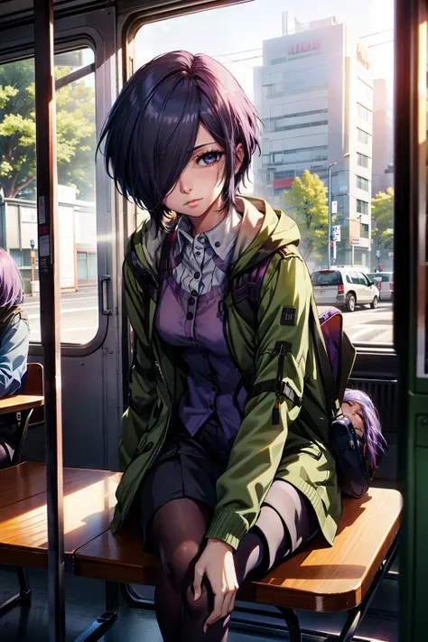 Beautiful face, beauty, white skin, purple-blue eyes, short purple-blue hair, hair covering her left eye, cute body, red pantyhose, Purple shirt , Green jacket, Black short pants , sitting on the bus She looks out the window, in front of her is a school ba...