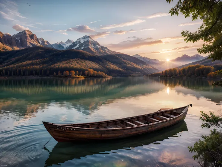 (watercolor landscape) : sunset，alafud boats on the shore of a mountain lake, autumn calm, beautiful lake, warm and beautiful sc...