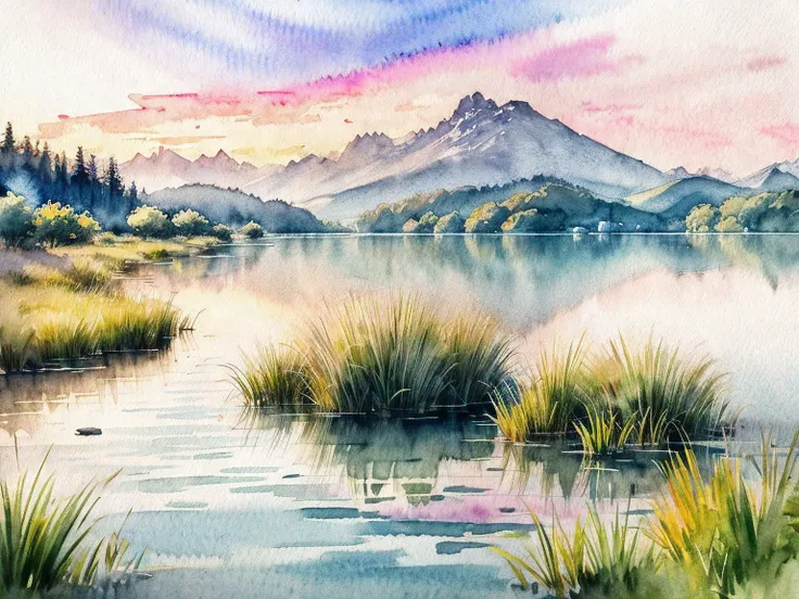 (watercolor landscape) : sunset，alafud boats on the shore of a mountain lake, autumn calm, beautiful lake, warm and beautiful sc...