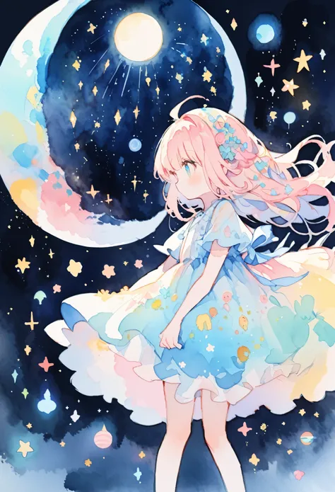 Earth from Space, Moon and sun, Shining Star々, ((Stars Shining in the Darkness, Girl in a dress:1.2, pastel colour)), Watercolor:1.2, Whimsical and delicate, Like an illustration in a children&#39;s book, Gentle brushwork, Dim, The pale colors create a fan...