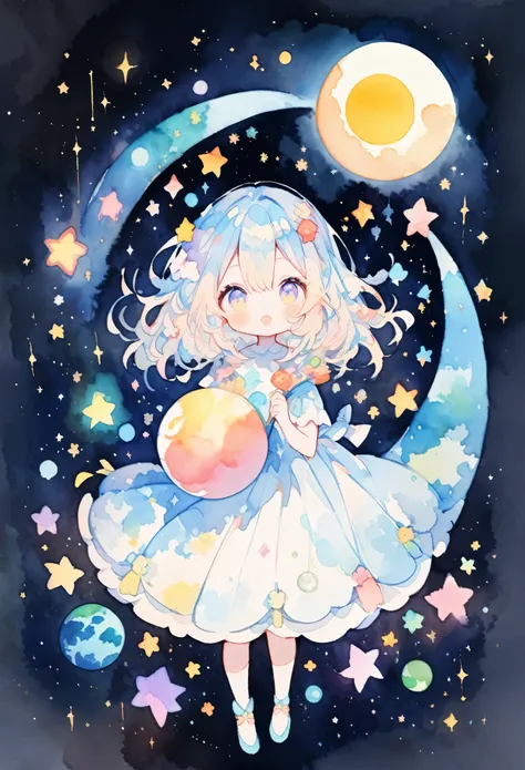 Earth from Space, Moon and sun, Shining Star々, ((Stars Shining in the Darkness, Girl in a dress:1.2, pastel colour)), Watercolor:1.2, Whimsical and delicate, Like an illustration in a children&#39;s book, Gentle brushwork, Dim, The pale colors create a fan...