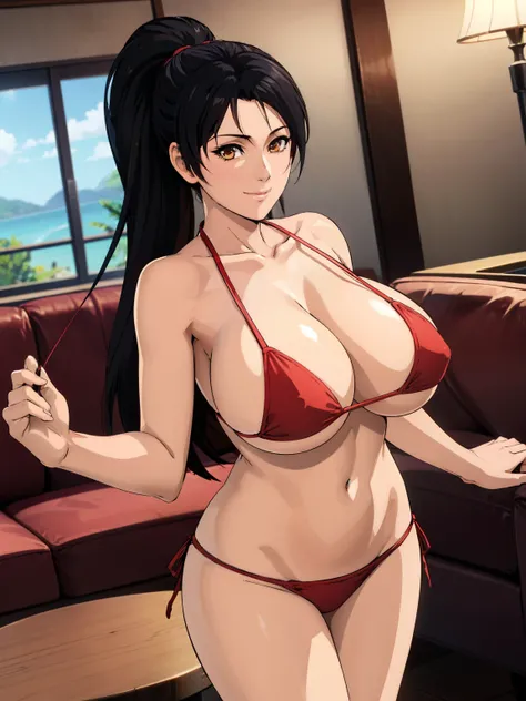 standing, sexy pose, red fish skin bikini, livingroom background, momiji, anime cels style, best quality, high resolution, 1girl, (huge breasts:1.2), beautiful face, black hair, long hair, ponytail, brown eyes, cowboy shot, light smile