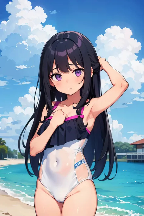 Elementary school girl, 8 years old, flat chest, black hair, long hair, purple eyes, embarrassed expression （one person） White competitive swimsuit　Girl&#39;s Room　Standing Dynamic angle