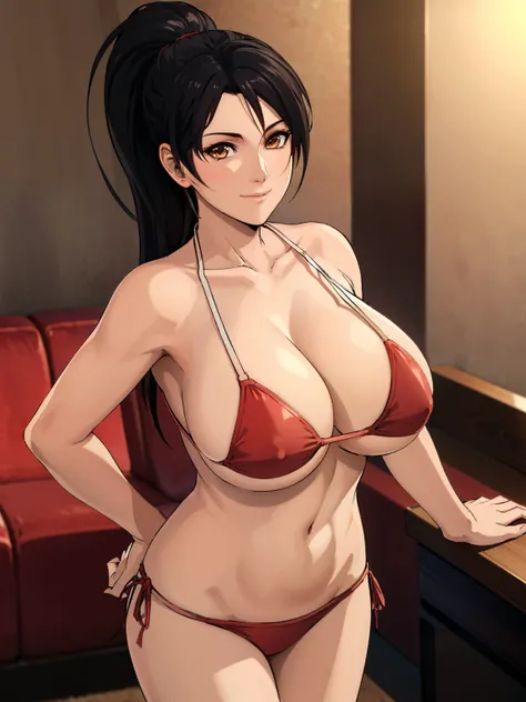 standing, sexy pose, (red fish skin texture bikini), livingroom background, momiji, anime cels style, best quality, high resolution, 1girl, (huge breasts:1.2), beautiful face, black hair, long hair, ponytail, brown eyes, cowboy shot, light smile