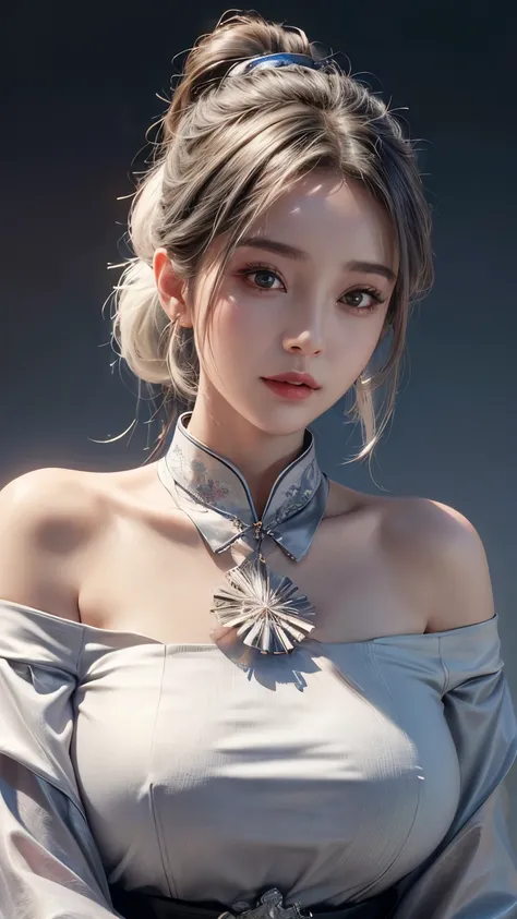 best quality, masterpiece, ultra high res, (photorealistic:1.4), 1girl, off-shoulder shirt, ((traditional chinese dress:1)), black choker, (faded ash gray hair:1), (huge breasts:1.2), looking at viewer, close up, from below:1.3, little smile, 