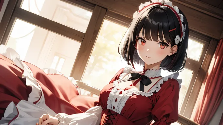 A beautiful woman wearing a red and white sweet lolita dress with lots of frills and lace　Long sleeve　Black hair bob hair accessory　Upper Body