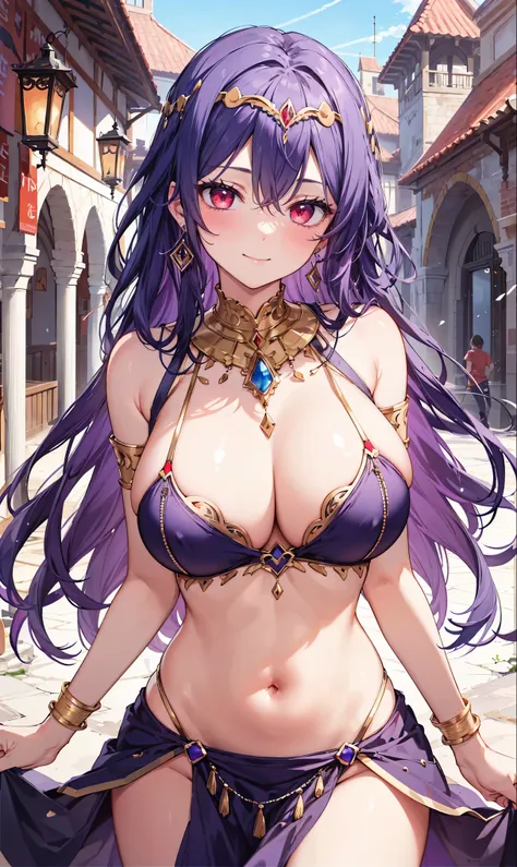 high quality, ultra detailed, best quality, insanely detailed, beautiful, masterpiece, 1girl, medieval plaza, cowboy shot, red eyes, long hair, purple hair, belly dancer, circlet, earrings, armlets, bracelets, bashful smile, large breasts, cleavage, soft s...