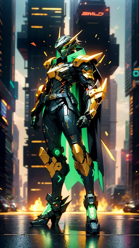 A man wearing a full-face helmet, a fantasy-style biotech armored combat suit, green eyes, (a composite layered chest armor), fully enclosed shoulder guards, matching arm and leg guards, the belt is adorned with exhaust pipes, (the color scheme is primaril...