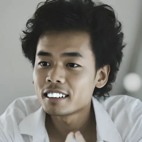 An Indonesian man wearing a white shirt is smiling, looks half body, hair is slightly curly, realistic, 7k, very detail, high resolution