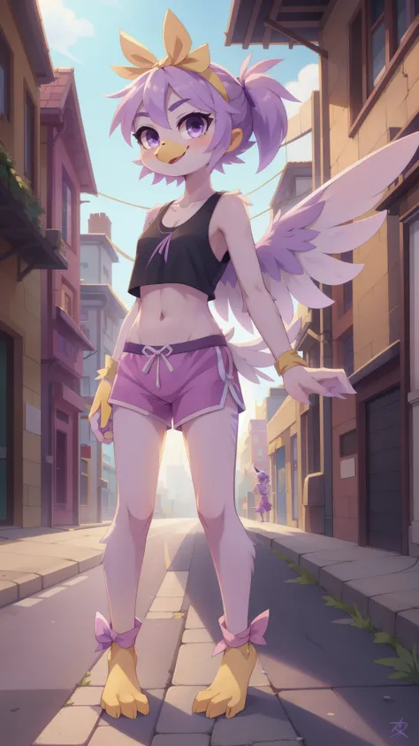 Bird girl, avian, anthro bird, yellow beak, lilac hair, short spiky hairstyle, short spiky ponytail, anime style, small breasts, purple eyes, big eyebrows, ((yellow headband with ribbon, black tank top, midriff, pink swim trunks)), high quality, detailed b...