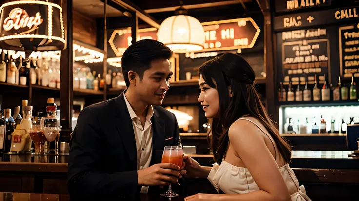 A man first meet and talking with a girl in the bustle bar with cocktails anh lights