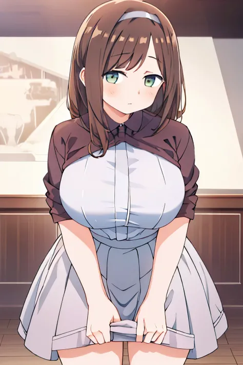 G-Cup　　masterpiece　highest quality　High resolution　　Inner thighs　Hold the skirt tightly　Confused face　Brown Hair　Soft and fluffy　older sister　Married Woman　Hold the crotch　Hold the pee