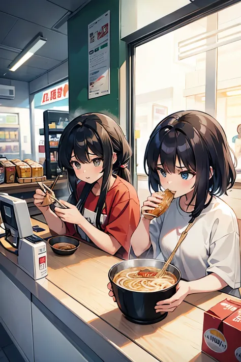 Please draw a modern animation scene of two women eating ramen at a convenience store.