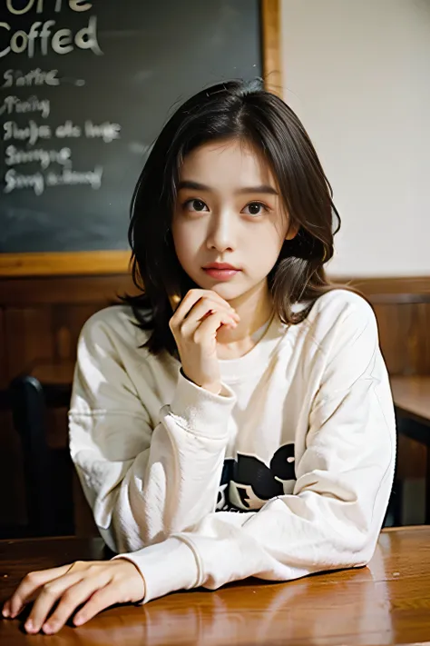 21 years old girl, (messy hair), big eyes, oversize sweatshirt, at coffee shop, (hand on table)