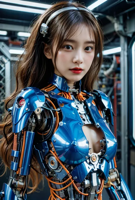 (best quality:1.2), 8k, highres, octan render, (masterpiece), extremely ultra detail, cyborgized Japanese woman, extremely ultra cute face, , skinny body, flat chest,  (blue metallic mechanical frame:1.5), (Power cables connected throughout the body), deta...