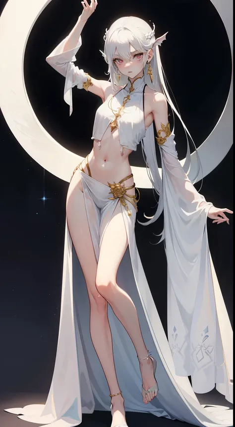 ((best quality)), ((masterpiece)), (detailed), perfect face, Character design, female, long white grey hair, wearing a white angelic dress, pink eyes, small frame, very skinny, detailed, best quality, no accesoires around the neck, no shoes, prominent coll...