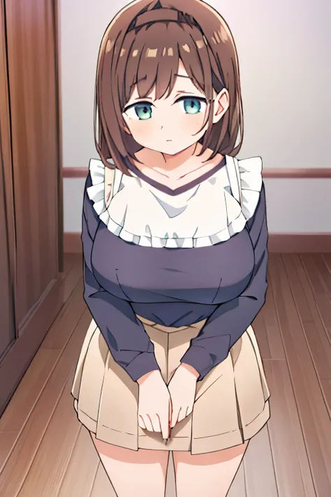 G-Cup　　masterpiece　highest quality　High resolution　　Inner thighs　Hold the skirt tightly　Confused face　Brown Hair　Soft and fluffy　older sister　Married Woman　Hold the crotch　Hold the pee