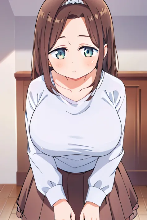 G-Cup　　masterpiece　highest quality　High resolution　　Inner thighs　Hold the skirt tightly　Confused face　Brown Hair　Soft and fluffy　older sister　Married Woman　Hold the crotch　Hold the pee