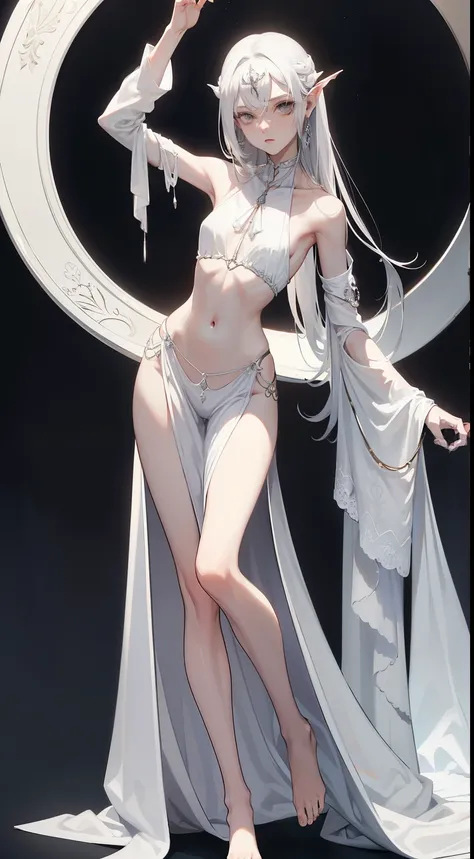 ((best quality)), ((masterpiece)), (detailed), perfect face, Character design, female, long white grey hair, wearing a white angelic dress, grey white eyes, small frame, very skinny, detailed, best quality, no accesoires around the neck, no shoes, prominen...