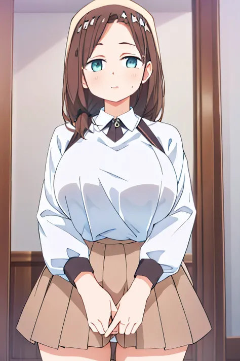 G-Cup　　masterpiece　highest quality　High resolution　　Inner thighs　Hold the skirt tightly　Confused face　Brown Hair　Soft and fluffy　older sister　Married Woman　Hold the crotch　Hold the pee