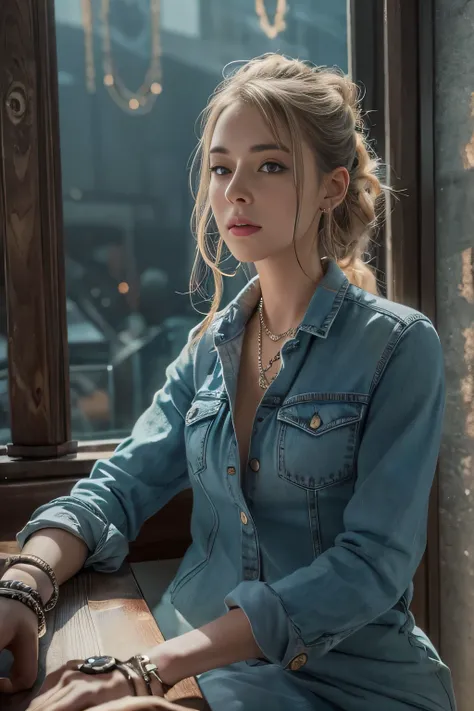 Beautiful girl in a denim suit, sitting at the bar, classic medium, subtle highlights, smoky eye makeup, mood lighting, classy atmosphere, contemporary bar decor, elegant cocktail glasses, craftsmanship Details, masterpieces: 1.2, ultra-detailed scenes, hi...