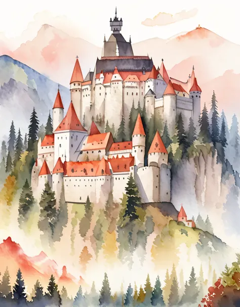 Bran Castle, Romanian castle, Draculas Castle, Legends and mysteries, Mountain top, Watercolor:1.2, Whimsical and delicate, Like an illustration in a children&#39;s book, Gentle brushwork, Dim, The pale colors create a fantastical look.