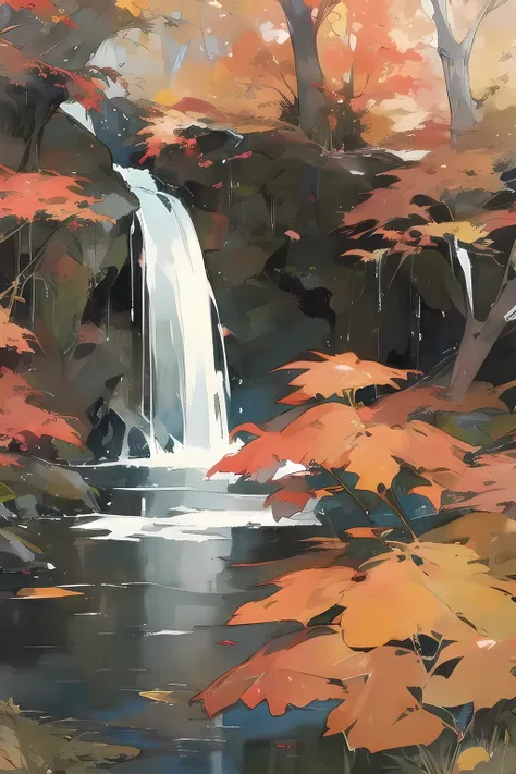 watercolor landscape, fall foliage colors the fall waterfall