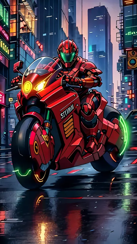 A man wearing a full-face helmet, a fantasy-style biotech armored combat suit, green eyes, (a composite layered chest armor), fully enclosed shoulder guards, matching arm and leg guards, the belt is adorned with exhaust pipes, (the color scheme is primaril...