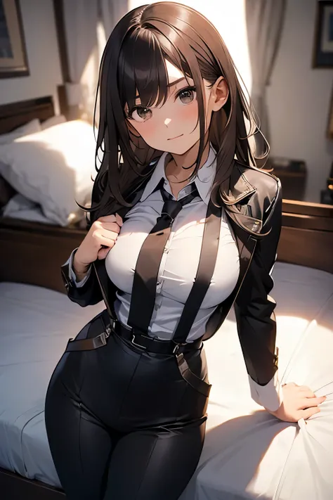 Brown Hair、Staring at the audience　　　Black suspenders　　　bulging big breasts　　 　 　　　wall: 　Black pantsuit　　　　　　sight　　　Small face　 　　　holster　　　Beautiful woman　　Show your hand　　 Lying in bed　　sight 　　Taunt　side　side汗 　arm　Dress shirt　Black Suit　belt