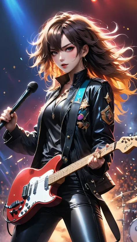 (highest quality,4K,8k,High resolution,masterpiece:1.2),Very detailed,(Actual,photoActual,photo-Actual:1.37),rock star,singer,guitar,uniform,black,tight,gilded accents,Spacewalk,Hysterical singing voice,Stage lighting,restive,Glitch Art,Bright colors,Energ...