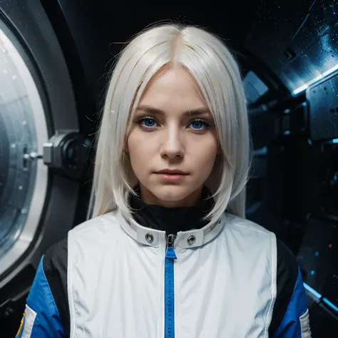 Woman with ,golden white hair,Blue eyes,,,black spacesuit