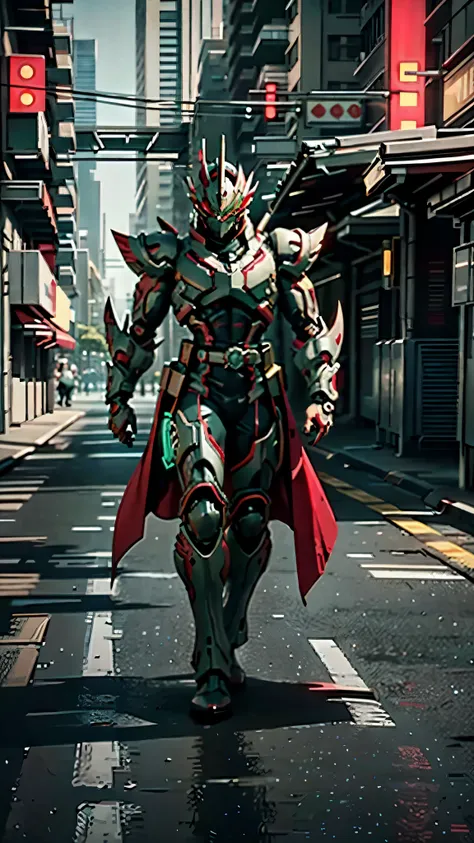 A man wearing a full-face helmet, a fantasy-style biotech armored combat suit, green eyes, (a composite layered chest armor), fully enclosed shoulder guards, matching arm and leg guards, the belt is adorned with exhaust pipes, (the color scheme is primaril...