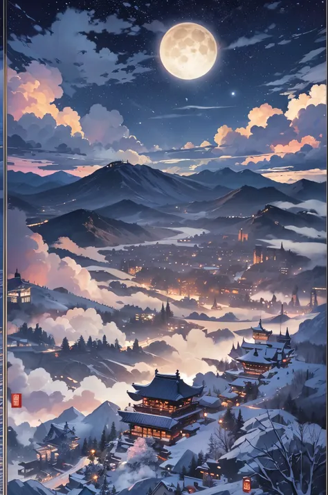 ((highest quality)),(Ultra-high resolution),(Super detailed new),(Detailed Description),((The best CG)),(A masterpiece),Ultra-detailed art,A wonderful new art form,(Art with precise detail:1.5), milky way, spring, Mountain, moon, cloud