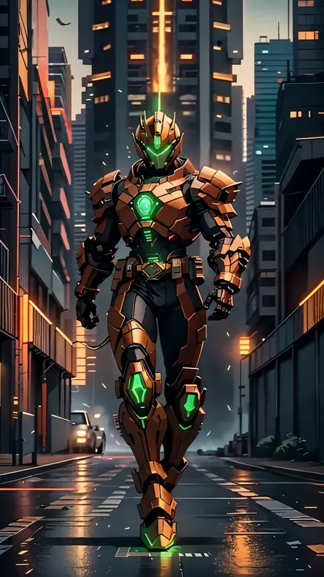 A man wearing a full-face helmet, a fantasy-style biotech armored combat suit, green eyes, (a composite layered chest armor), fully enclosed shoulder guards, matching arm and leg guards, the belt is adorned with exhaust pipes, (the color scheme is primaril...