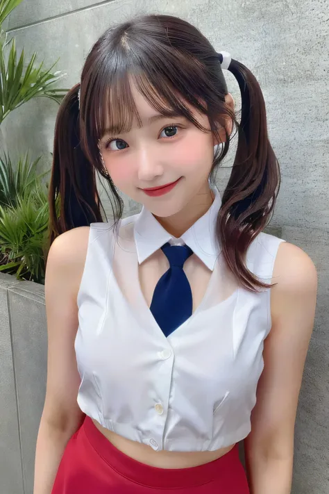 ((Ultra-high resolution)),8K,16 years old、Small breasts, , Twin tails,  Red mini skirt, Navy blue tie、White shirt、Small cleavage 2:1,Idol Sculpture, Wet, smile、Pink wall、sexy、slender、Shapely small breasts、I can see your thighs、