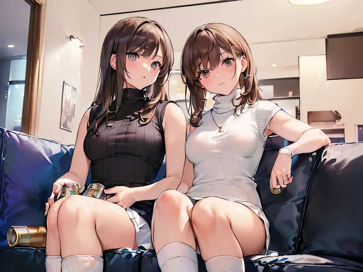 (Masterpiece, highest quality, high resolution, realistic photos, realistic looking skin:1.1),
(Two women are sitting on an apartment living room couch in the middle of the night drinking beer cans:1.8),
(Both of them look like they are enjoying themselves...