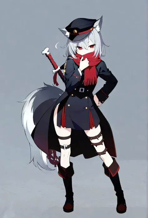 One Girl,whole body,Are standing,high school student,Concept Art,Grey Hair,Black long coat over sailor suit,Wearing a coat,Red scarf,Hiding your mouth with a scarf,Red eyes,Wolf Ears,Wolf Tail,cool,dark,Beauty,Stylish black sailor suit,Rin々Funny face,18-ye...