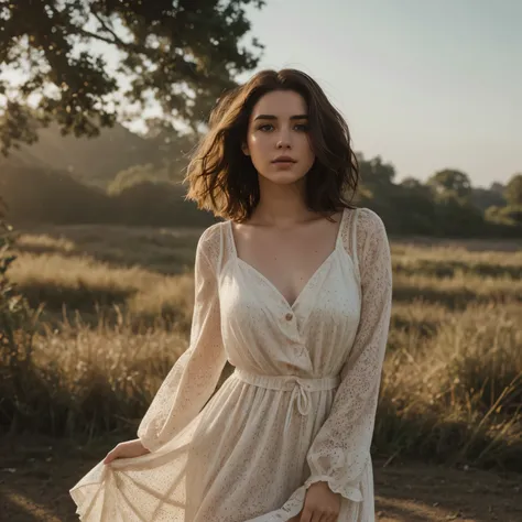 Thick brunette woman, short wavy hair, extra pale skin, freckles, dramatic lighting with shadows, standing, loose flowing dress billowing in a breeze 