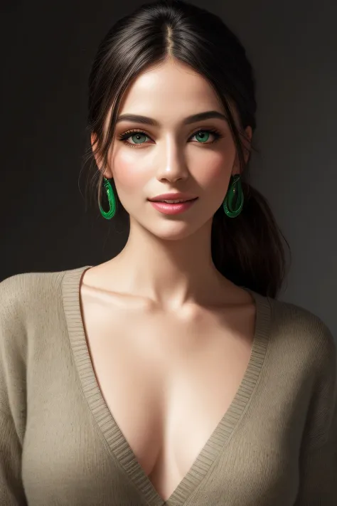 (best quality,highres,masterpiece:1.2),ultra-detailed,(realistic,photorealistic,photo-realistic:1.37),portraits,vivid colors,beautiful detailed eyes,beautiful detailed lips,elegant pose,dark green sweater,cream cargo pants,long black hair,cute ponytail,sof...