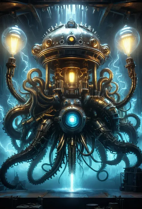 mechanical eye glows with an otherworldly light, Vibrant Kraken, 8k photorealistic, cinematic lighting, HD, high details, dramatic, dark atmosphere, great light, perfect composition, vibrant, lush, glossy, elegant, unreal engine, inspired by HR Giger, half...