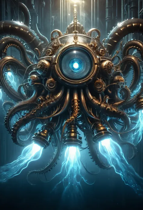 mechanical eye glows with an otherworldly light, vibrant kraken, 8k photorealistic, cinematic lighting, hd, high details, dramat...