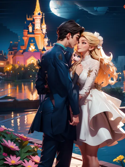 casal sorrindo com roupas de gala estilo disney